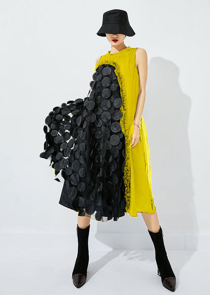 Tea Green-black Dot Asymmetrical Patchwork Wrinkled Tulle Maxi Dress Sleeveless