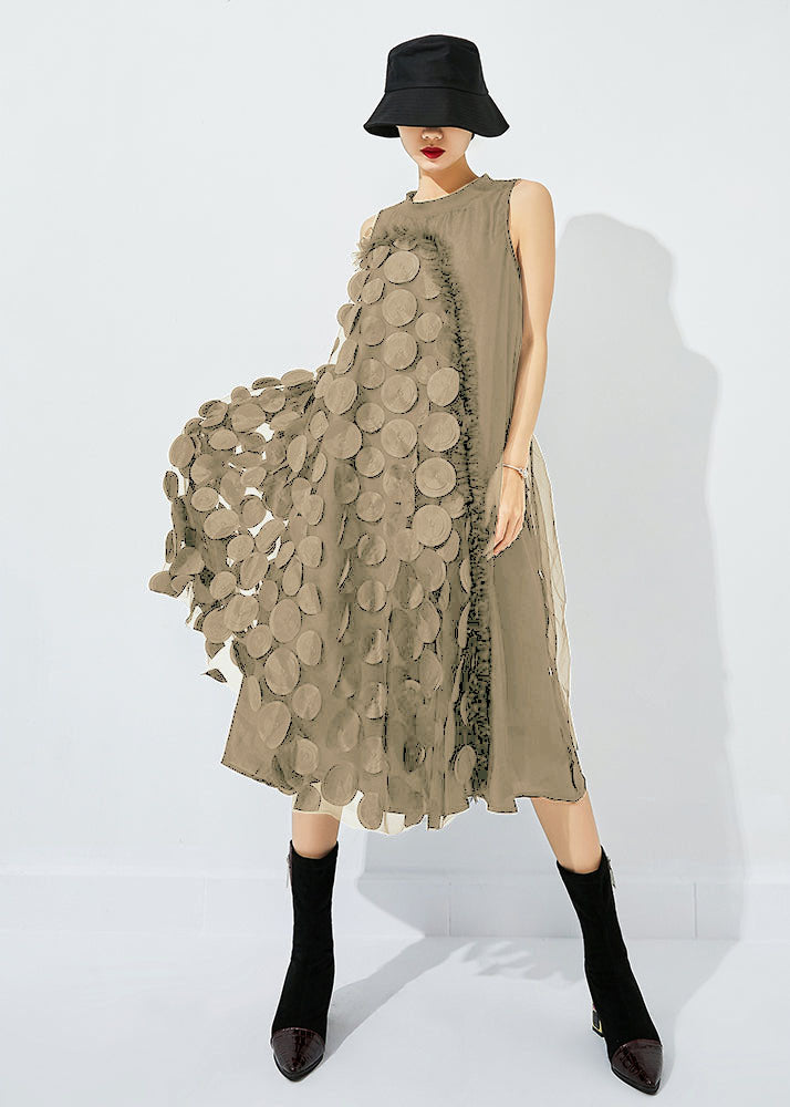 Tea Green-black Dot Asymmetrical Patchwork Wrinkled Tulle Maxi Dress Sleeveless