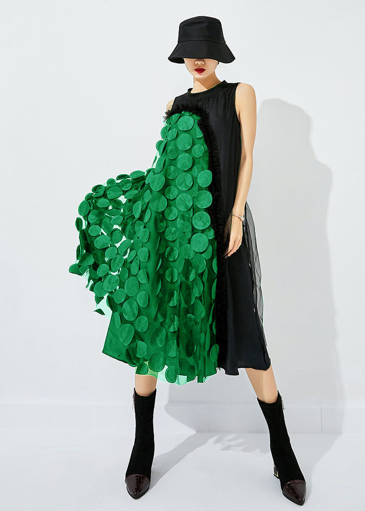 Black-khaki Dot Asymmetrical Patchwork Wrinkled Tulle Maxi Dress Sleeveless