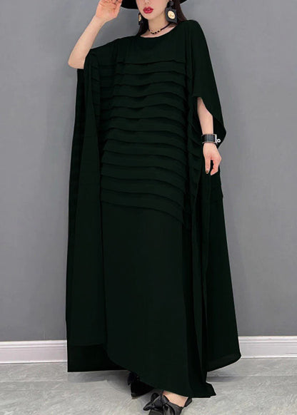 Yellow O-neck Striped Chiffon Ankle Dress Batwing Sleeve