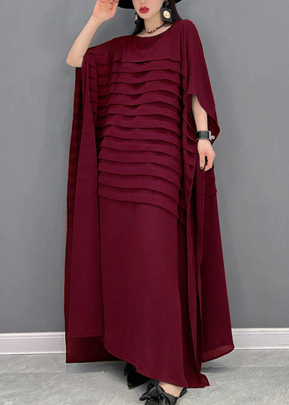 Red O-neck Striped Chiffon Ankle Dress Batwing Sleeve