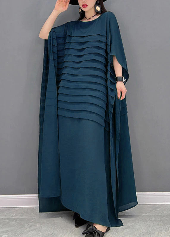 Grace Green O-neck Striped Chiffon Ankle Dress Batwing Sleeve