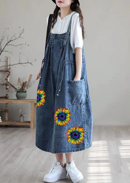 Blue-lace Drawstring Pocket Spaghetti Strap Cotton Denim Dress Spring