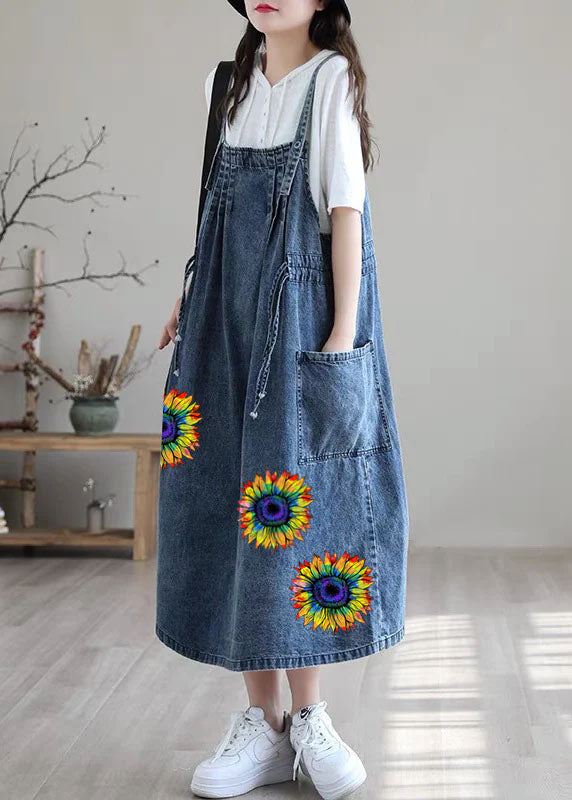 Blue-sunflower Drawstring Pocket Spaghetti Strap Cotton Denim Dress Spring