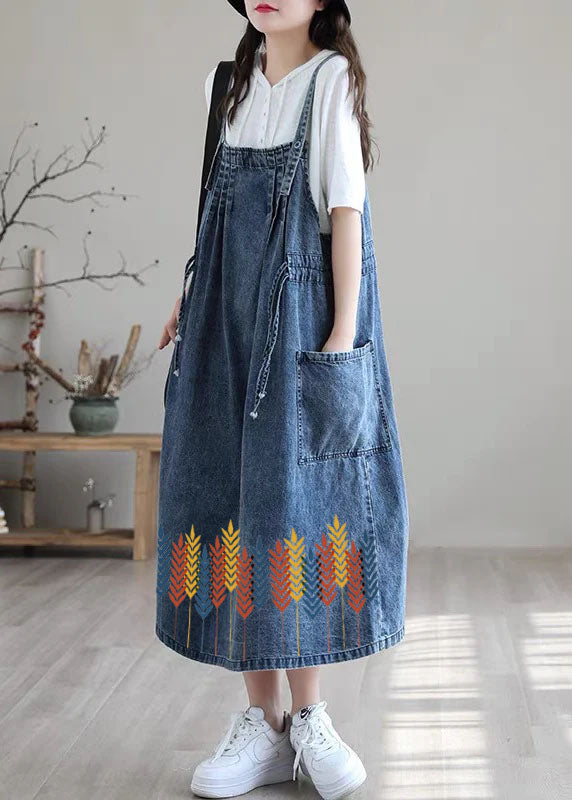 Blue-brown Flower Drawstring Pocket Spaghetti Strap Cotton Denim Dress Spring