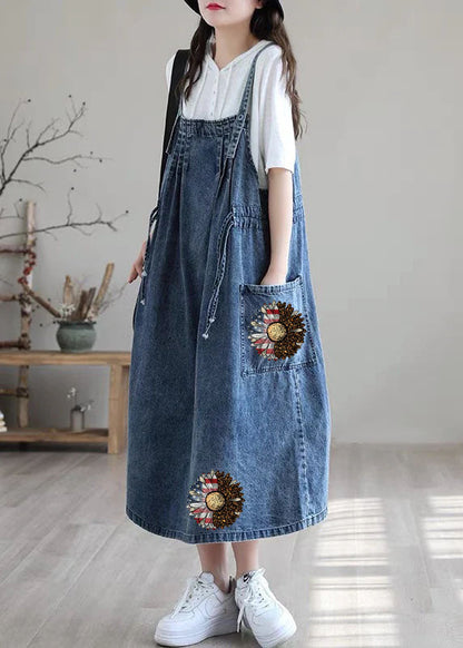 Blue-white Flower Drawstring Pocket Spaghetti Strap Cotton Denim Dress Spring