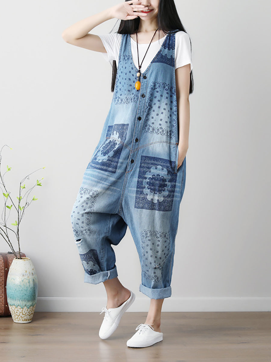 Summer Flower Print Button Loose Denim Jumpsuits