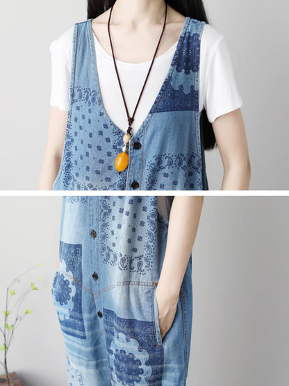Summer Flower Print Button Loose Denim Jumpsuits