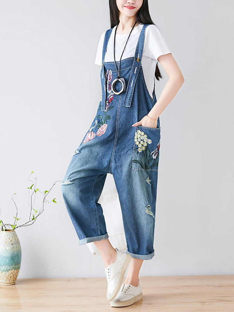 Flower Embroidery Frayed Pocket Denim Jumpsuits