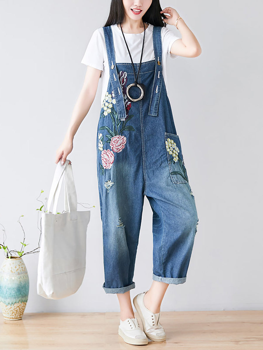 Flower Embroidery Frayed Pocket Denim Jumpsuits