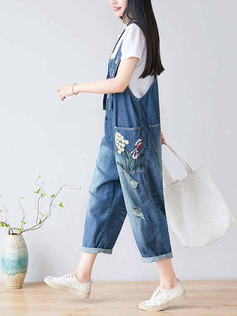 Flower Embroidery Frayed Pocket Denim Jumpsuits