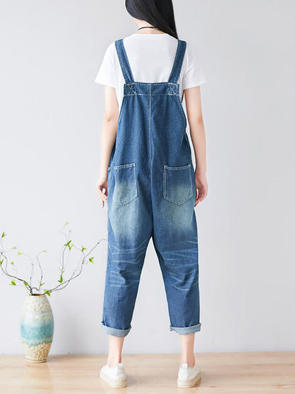 Flower Embroidery Frayed Pocket Denim Jumpsuits