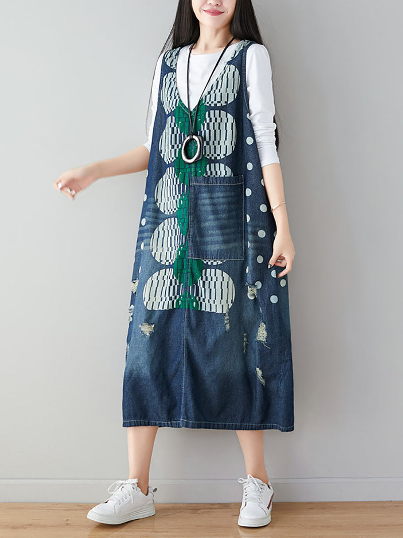 Artsy Dot Print Frayed Pocket Vest Denim Dress