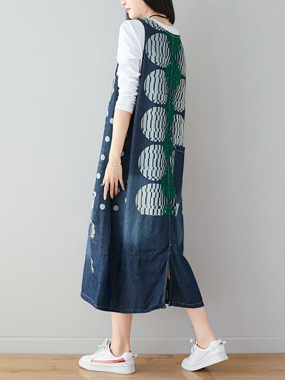 Artsy Dot Print Frayed Pocket Vest Denim Dress