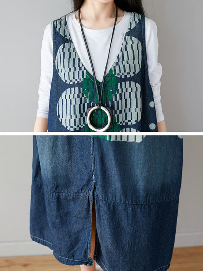 Artsy Dot Print Frayed Pocket Vest Denim Dress