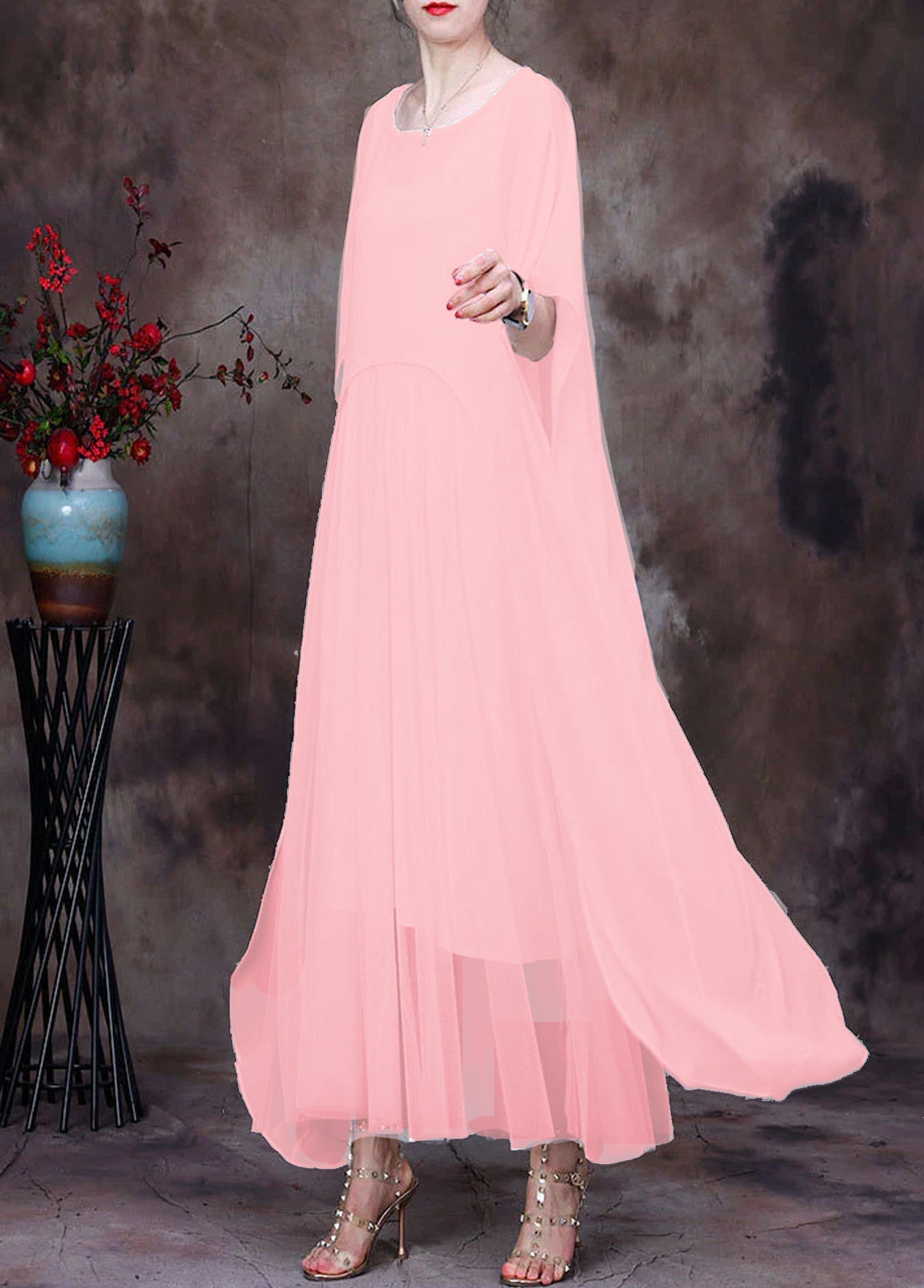 White O-neck Asymmetrical Design Chiffon Cloak Dress Batwing Sleeve