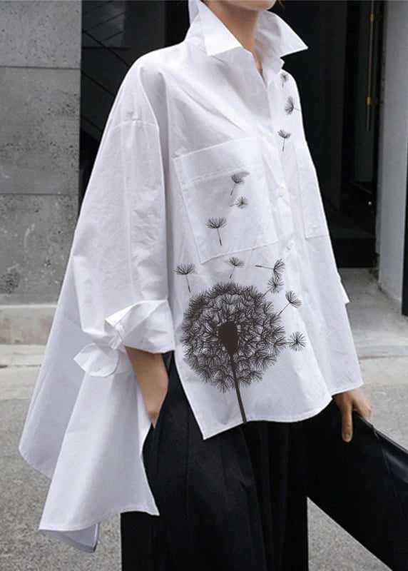 Natural White Peter Pan Collar Low High Design Button Pockets Cotton Shirts Long Sleeve