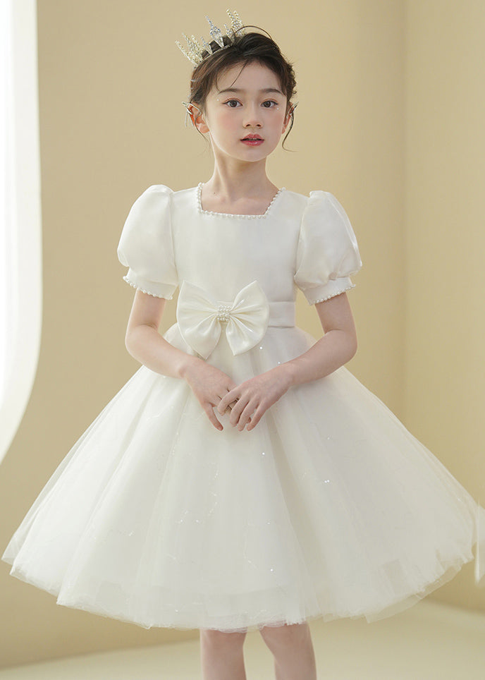 New White Nail Bead Bow Tulle Mid Dress Puff Sleeve