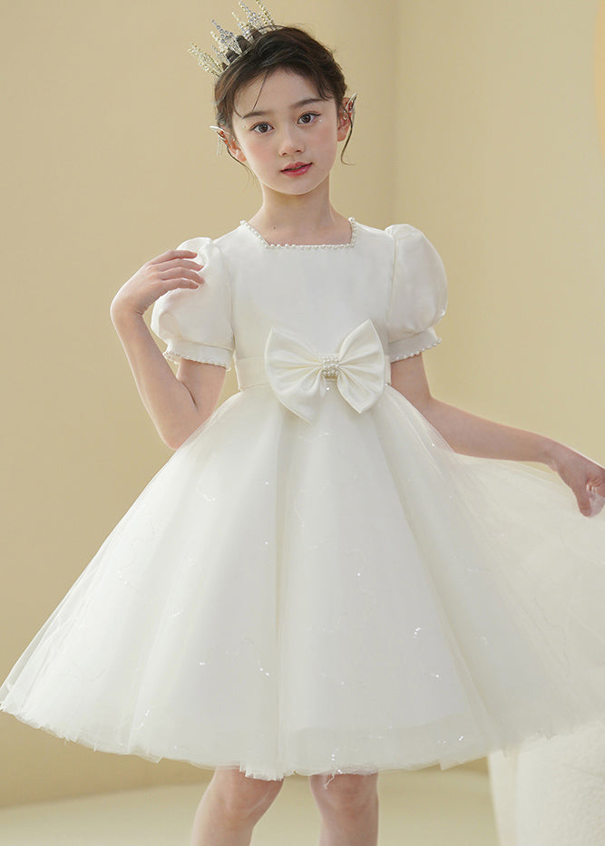 New White Nail Bead Bow Tulle Mid Dress Puff Sleeve