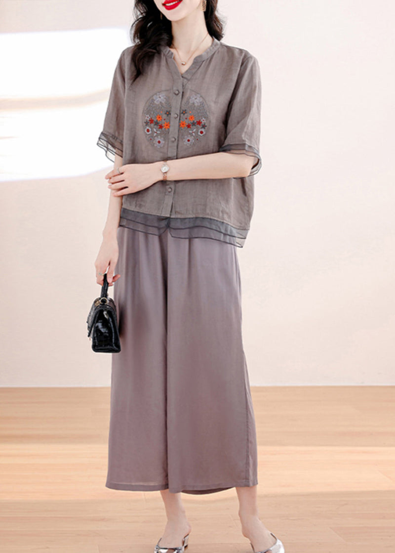 Summer New Linen Embroidered Top and Pants Two Piece Set