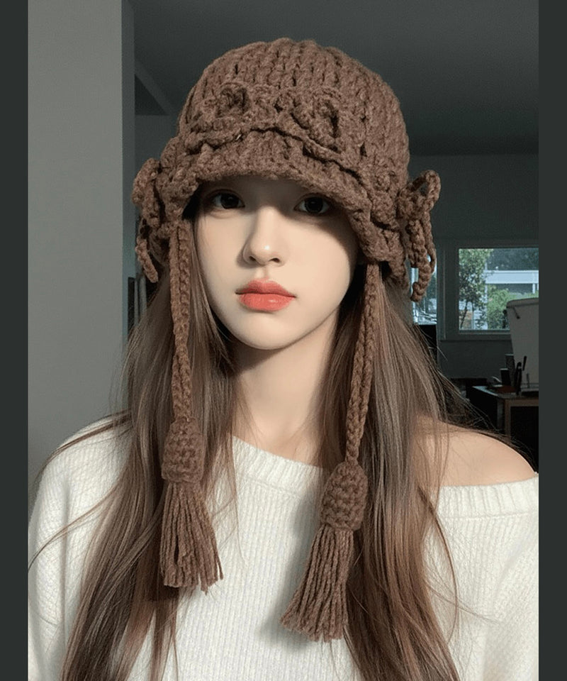 New Coffee Handmade Tassel Flower Knitted Boonie Hat