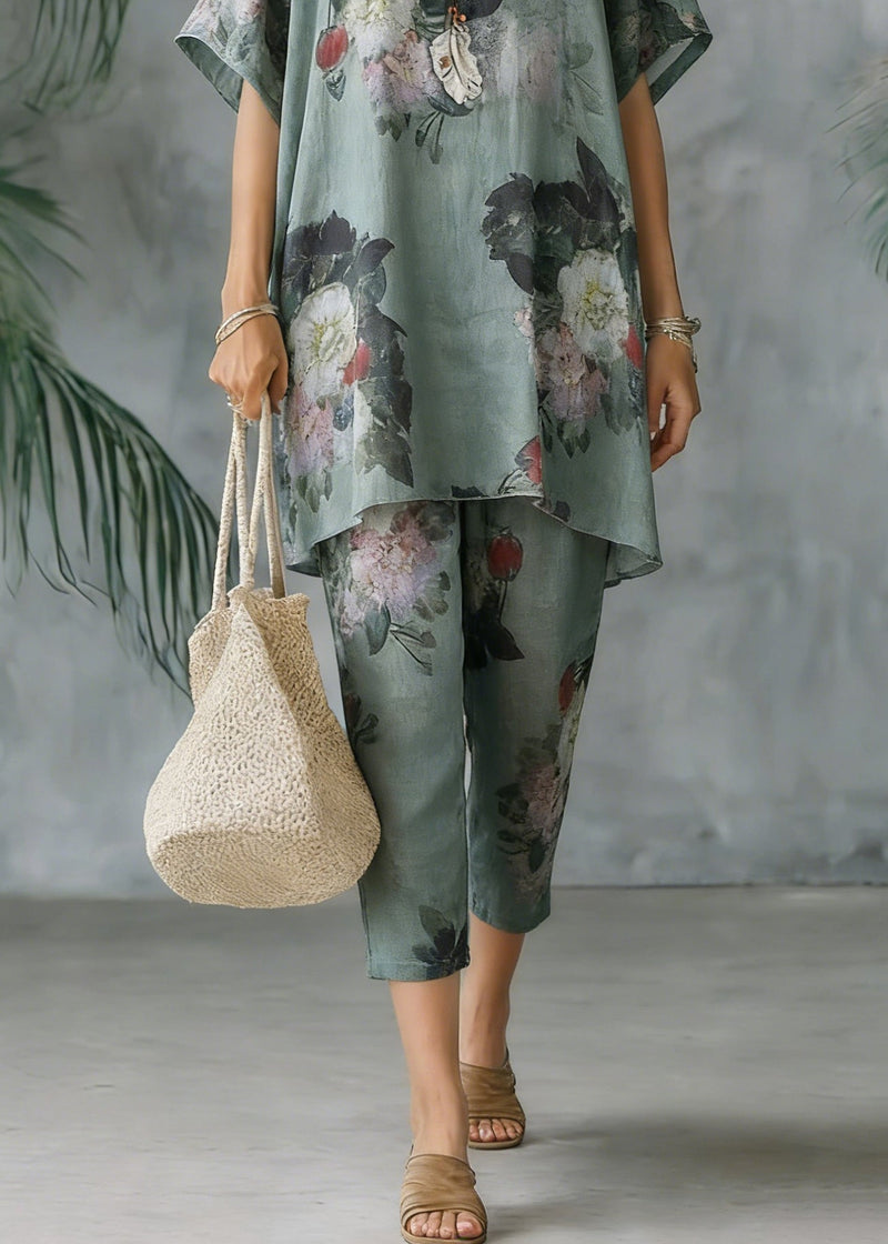 New Loose Green Print Short Sleeve Shirt Pants Linen Set