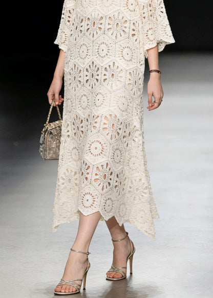New Apricot V Neck Hollow Out Knit Long Dress Summer