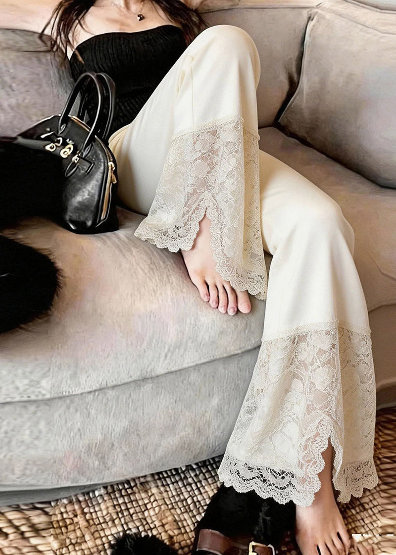 New Beige Lace Patchwork Side Open Straight Pants Summer