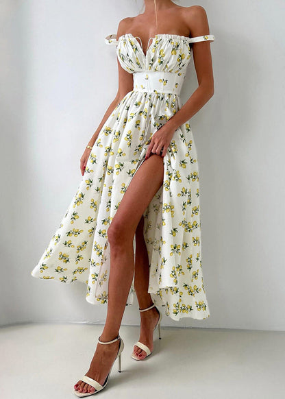 New Beige Print Side Open Long Spaghetti Strap Dress Sleeveless