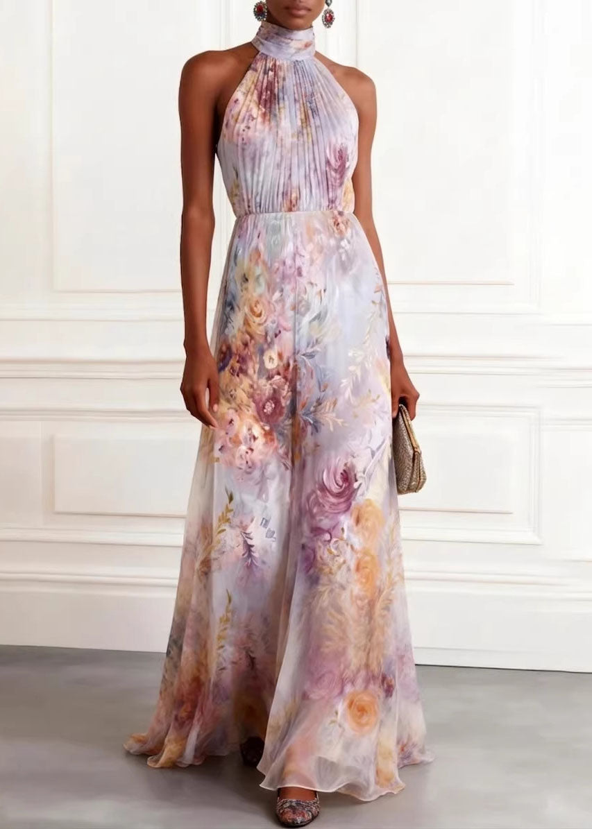 New Hanging Neck Print Chiffon Long Dresses Sleeveless
