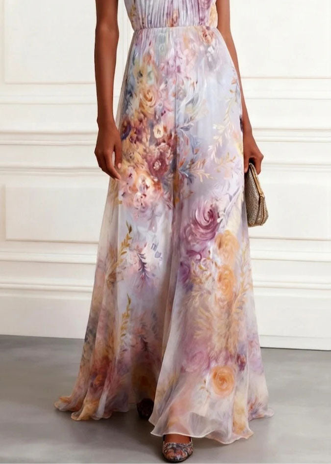 New Hanging Neck Print Chiffon Long Dresses Sleeveless
