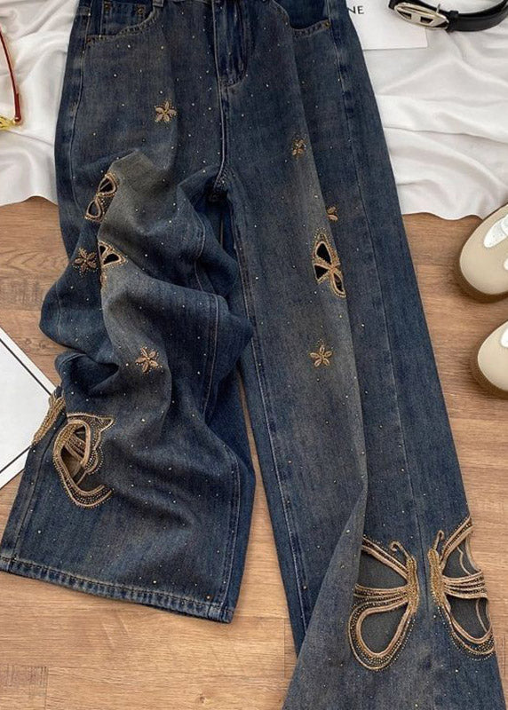 New Hollow Out Butterfly Zircon Straight Jeans