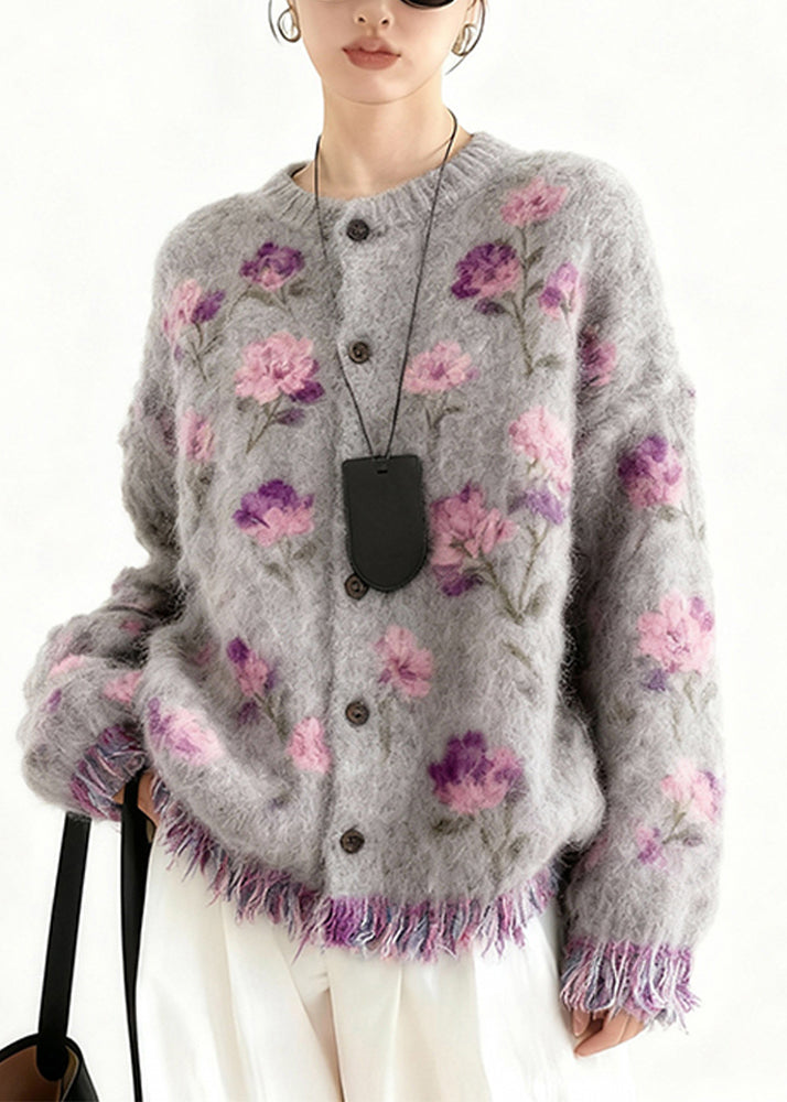 New Purple Print Button Tassel Cotton Knit Cardigans Spring