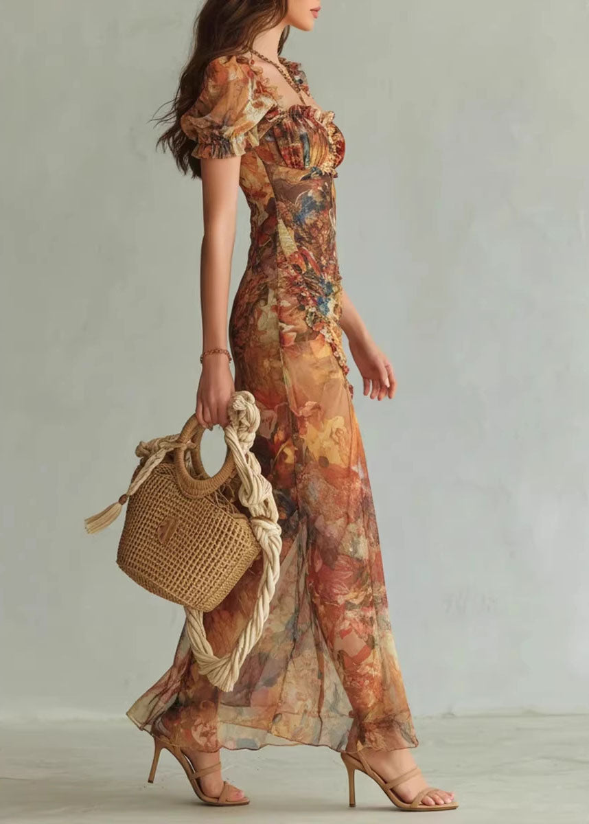 New V-neck Ruffle Print Side Open Chiffon Dress Summer