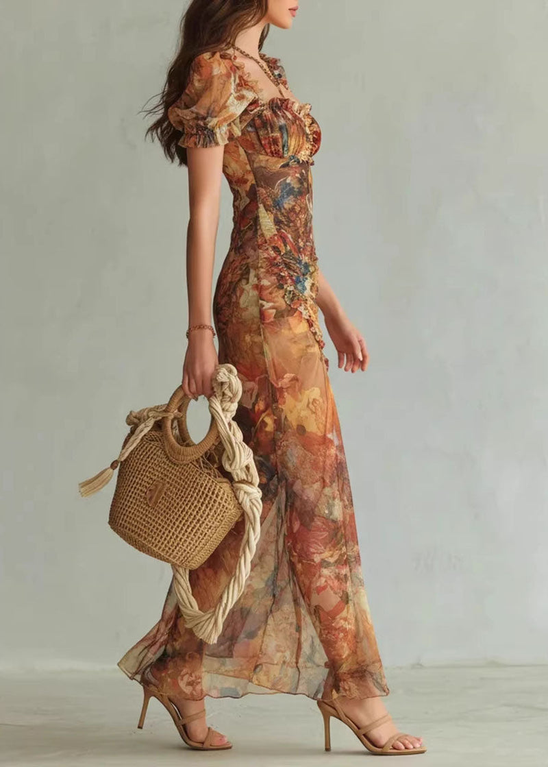 New V-neck Ruffle Print Side Open Chiffon Dress Summer