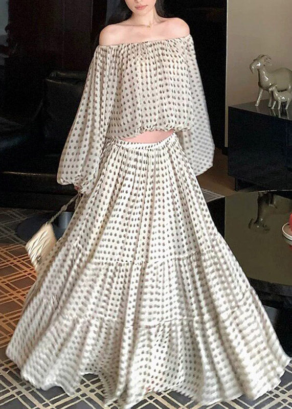 New White Cold Shoulder Top and Maxi Skirts Two Pieces Set Lantern Sleeve