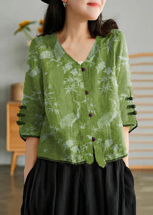 Green Beads Ramie Cardigan Embroidered Shirt