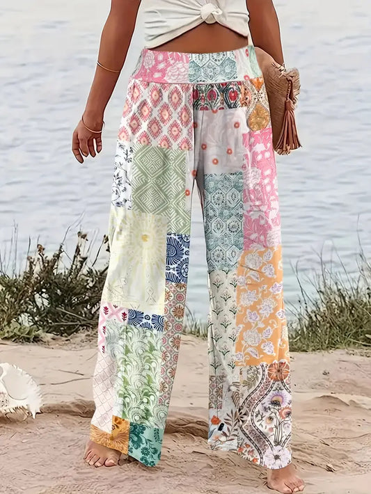 CD | Pantaloni plini de culoare cu model floral pentru femei