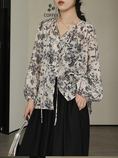 Artsy Drawstring Ornate Button Leaf Print Shirt