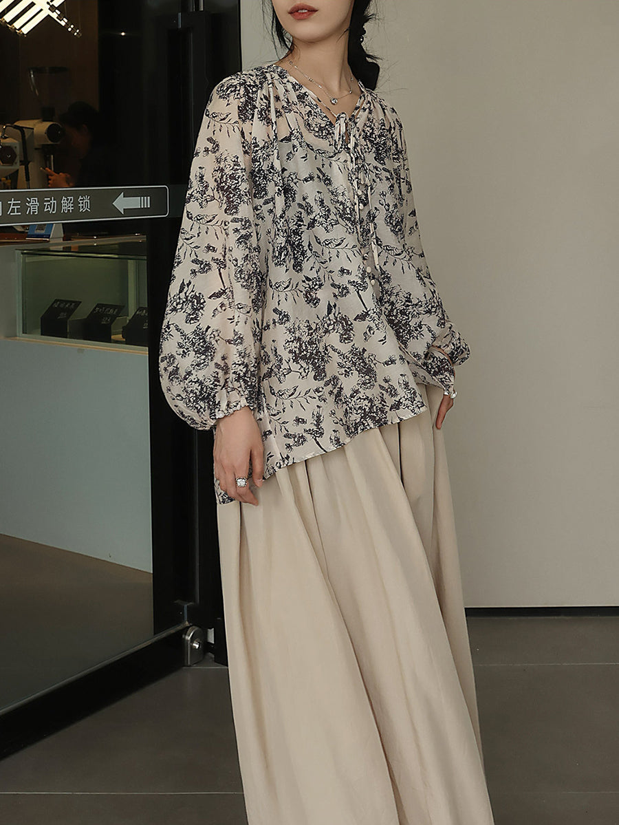 Artsy Drawstring Ornate Button Leaf Print Shirt