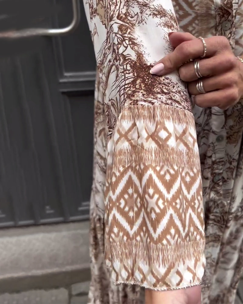 CD | Rochie cu imprimeu retro, mâneci lungi, pantaloni evazați