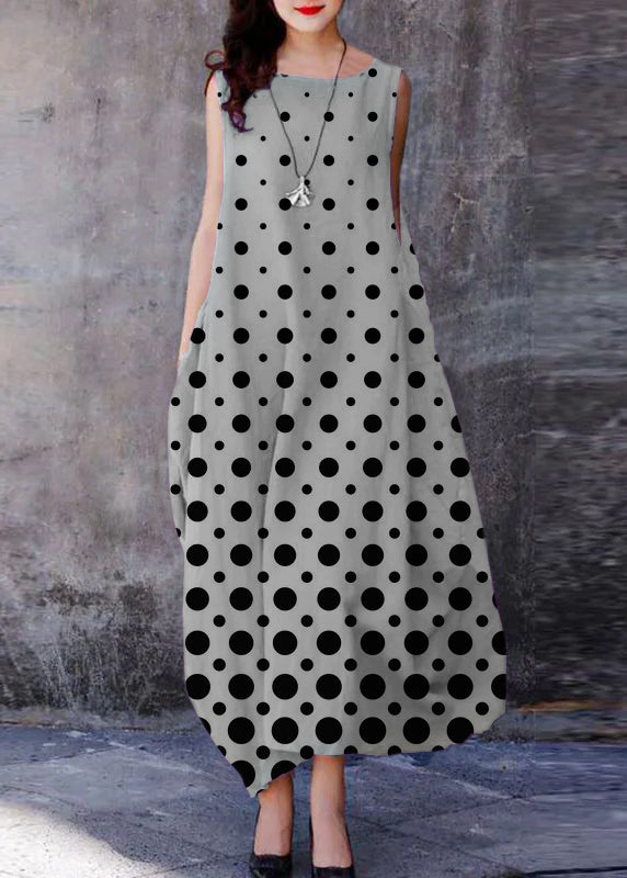 Black Polka Dots O-neck Exra Large Hem Cotton Dresses Sleeveless