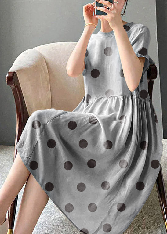 Brief Black Flower O-neck Patchwork Cotton Blend Dress Short Sleeve