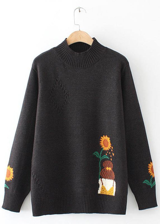 Black Sunflower Knitted Top High Neck Sweaters