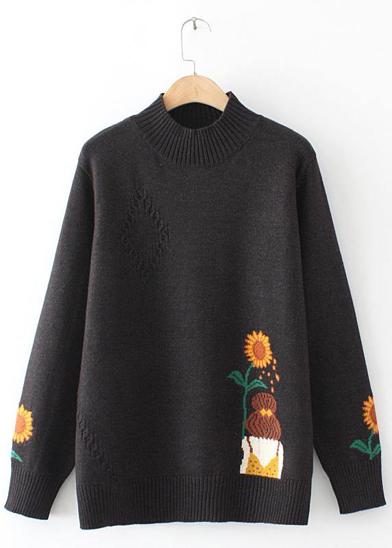 Black Sunflower Knitted Top High Neck Sweaters
