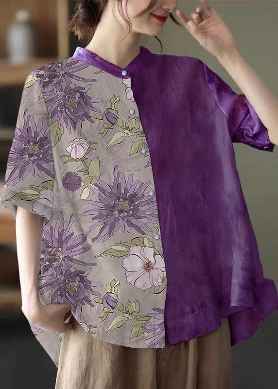 Colorful Hearts Stand Collar Print Tops Half Sleeve