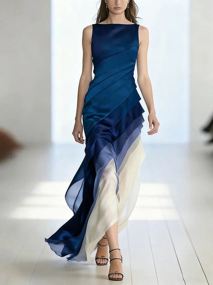 French Black High Waist Patchwork Tulle Maxi Dresses Sleeveless