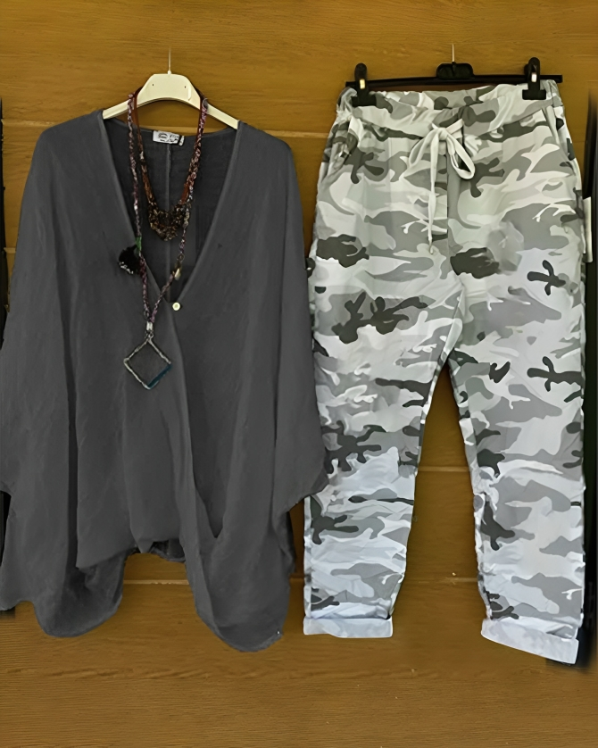CD | Bluză casual la modă și pantaloni cu imprimeu de camuflaj pentru femei