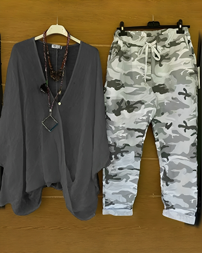 CD | Bluză casual la modă și pantaloni cu imprimeu de camuflaj pentru femei