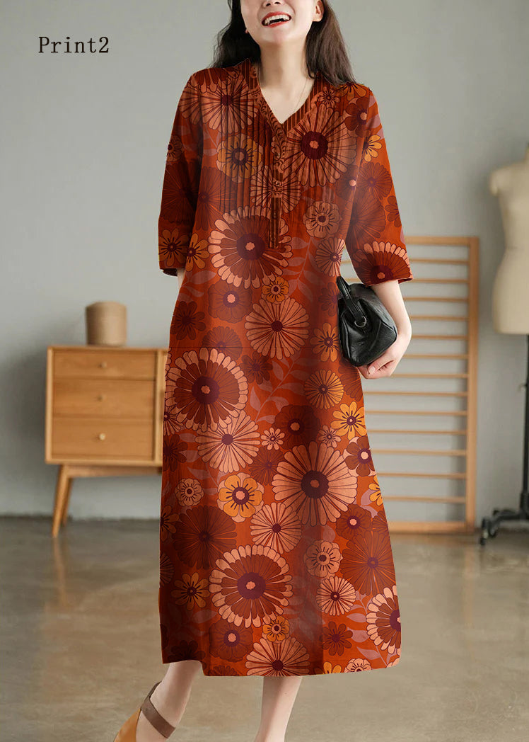 Grey Print7 Loose Linen Long Dresses Button Half Sleeve